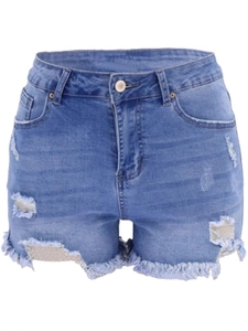 High waist light blue denim shorts with sequin distressed holes and frayed raw hem edges