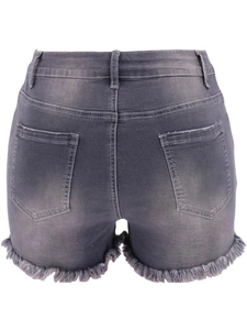 Women's high waist dark grey washed denim shorts with frayed hems and back pockets
