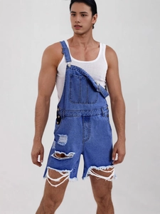 Salopette en Jean Homme Courte Détails Déchirés Bretelles Réglables Style Vintage Streetwear Mode Été