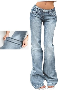 Detail of light blue flared jeans showing high elasticity through a fabric stretch test