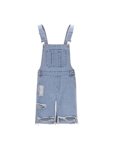 Salopette courte en jean bleu clair pour homme avec déchirures et bretelles réglables