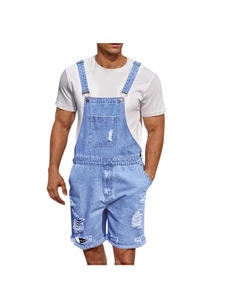 Men's light blue distressed denim overalls shorts with ripped details and chest pocket