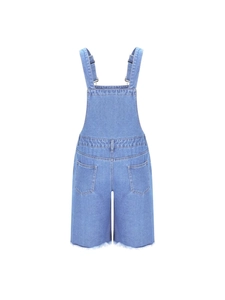 Men's light blue distressed denim overall shorts featuring frayed hems and back pockets