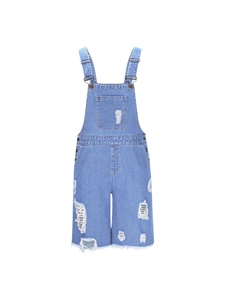 Men's light blue distressed denim bib overalls with ripped details and raw hem design
