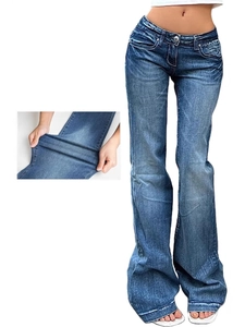 Slim fit high stretch flare jeans in washed blue denim with vintage whiskers for women