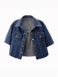 Short sleeve dark blue denim jacket with metal buttons and classic chest pockets