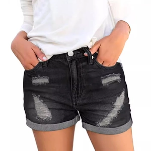 Women Trendy Distressed Denim Shorts Washed Cotton Ripped Hole Jean Shorts With Cuffed Hem Casual Summer Hot Girl Style Shorts