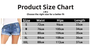 Size chart for women's distressed denim shorts with waist, hips, and length measurements