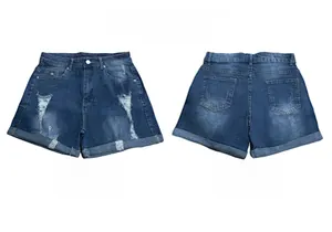 Front and back view of distressed dark blue denim shorts with ripped details and rolled hems