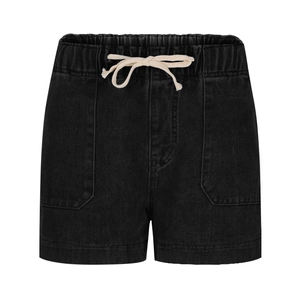 Detail of drawstring elastic waist and large front pockets on washed black denim shorts