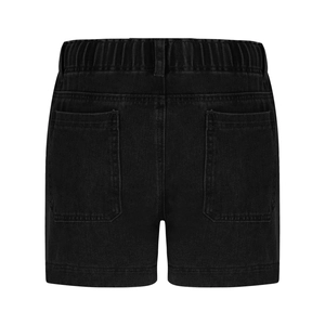 Detail view of black denim shorts featuring elastic drawstring waist and back pockets
