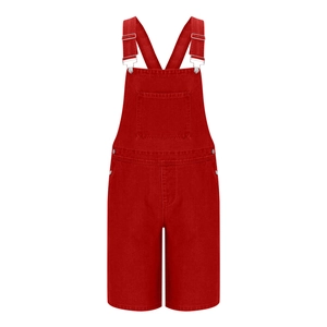 Detail view of red denim overalls with adjustable metal buckles and a square chest pocket