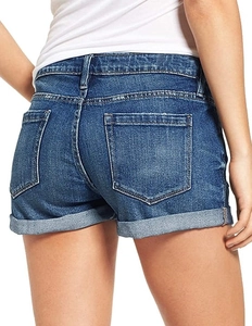 Detailed back view of dark blue denim shorts featuring rear pockets and cuffed hems