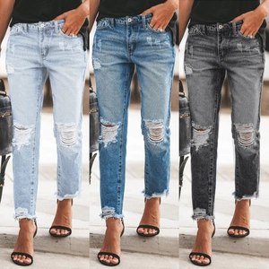 Jean slim vintage pour femme avec déchirures en bleu clair, bleu moyen et gris foncé