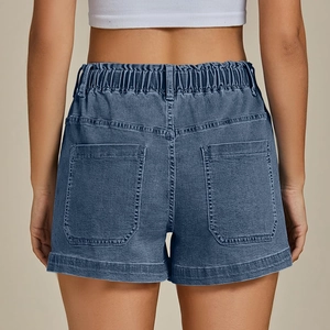 Rear view of dark blue denim shorts featuring elastic drawstring waist and large back pockets