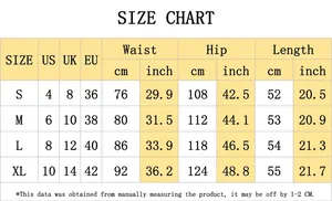 Detailed size chart for loose denim shorts showing US, UK, and EU measurements for women