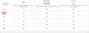 Tableau des tailles pour jeans brodés à taille haute avec mesures du XS au XXL