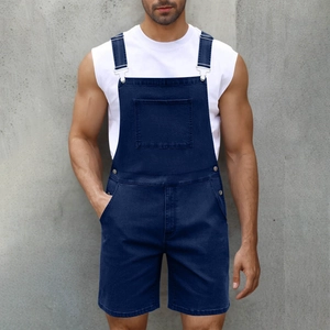Detail of adjustable metal buckles on men's dark blue denim overalls with front pocket