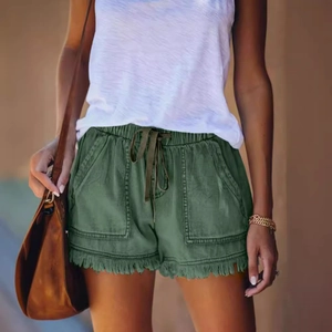 Women's army green elastic waist casual shorts with drawstring and fringe hem