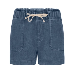 Detailed view of dark blue denim shorts featuring elastic waistband and cream drawstring
