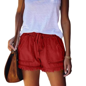 Women's high waist casual red shorts with elastic drawstring and fringe hem detail