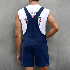 Detailed back view of men's dark blue denim overalls shorts with H-shaped straps
