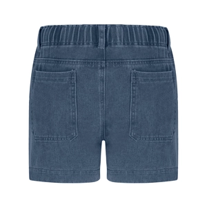 Back view of dark blue denim shorts featuring elastic waist and dual patch pockets