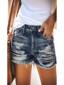 Women's high waist denim shorts in dark blue with distressed ripped details and raw fringe hem