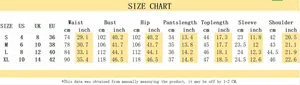 Detailed size chart for denim shirt and shorts set with international size conversions