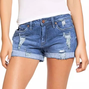 Women's High Stretch Ripped Denim Shorts Distressed Rolled Hem Summer Casual Mid Waist Washed Blue Jean Shorts For Women