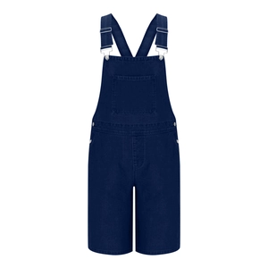 Detail of adjustable metal buckles and stitching on dark blue denim overall shorts