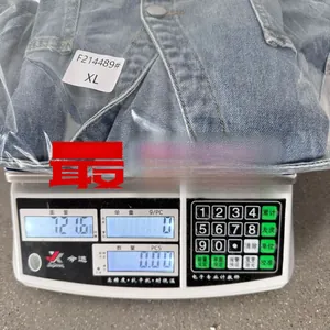 Weight measurement of denim shirt set showing 721.5g for size XL in blue color