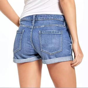 Women's classic blue stretch denim shorts with cuffed hems and back pocket details