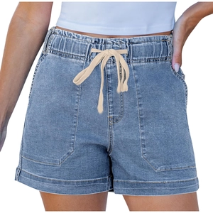 Detail of light blue denim shorts featuring an elastic drawstring waist and large pockets