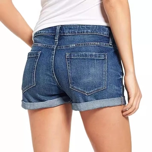 Women's blue stretch denim shorts with cuffed hem and classic five-pocket design