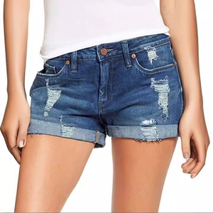 Women's dark blue distressed denim shorts with ripped details and rolled hems