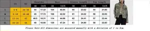 Detailed size chart for retro denim jacket showing measurements in cm and inches for S-XL
