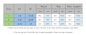 Detailed size guide table for high waist wide leg jeans with S M L measurements