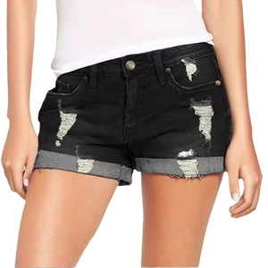 Women's black distressed denim shorts with ripped details and frayed cuffed hems