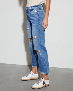 Detail showing ripped knees and frayed hems on light blue straight-leg jeans