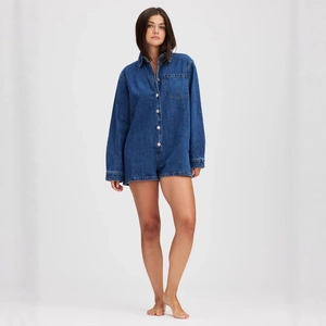 Combishort en Jean Femmes Casual Coton Manches Longues Boutonné Revers Denim Jumpsuit Shorts Utility Playsuit Poche Streetwear