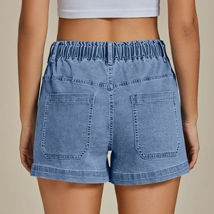 Rear view of high-waisted blue denim shorts with elastic drawstring waist and back pockets