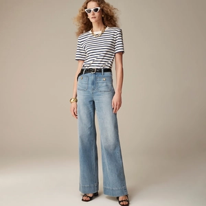 Women High Waist Wide Leg Denim Jeans Vintage Washed Cotton Pants With Front Pockets And Gold Buttons Loose Fit Trousers