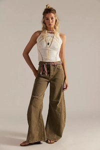 Chic retro high waist wide leg denim trousers in olive green with lace halter top