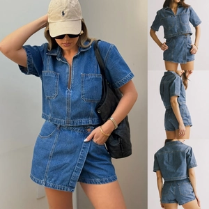 Conjunto Casual Denim Para Mujer Top Y Skort Co-ords Moda Algodón Manga Corta Camisa Cuello V Con Pantalones Cortos Streetwear