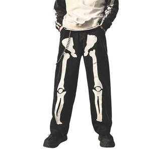Men's retro street style black sweatpants with bone print and metallic waist chain