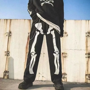Men's black bone print jogger pants with American street style punk aesthetics