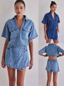 Traje Vaquero Mujer Camisa Corta Manga Corta Y Falda Pantalón Cruzada Irregular Estilo Cargo Informal