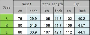 Size chart table for black wide leg jeans with waist, length and hip measurements