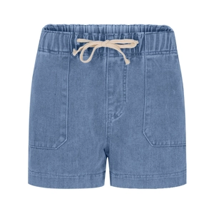Detail view of light blue denim shorts with elastic waistband and woven drawstring